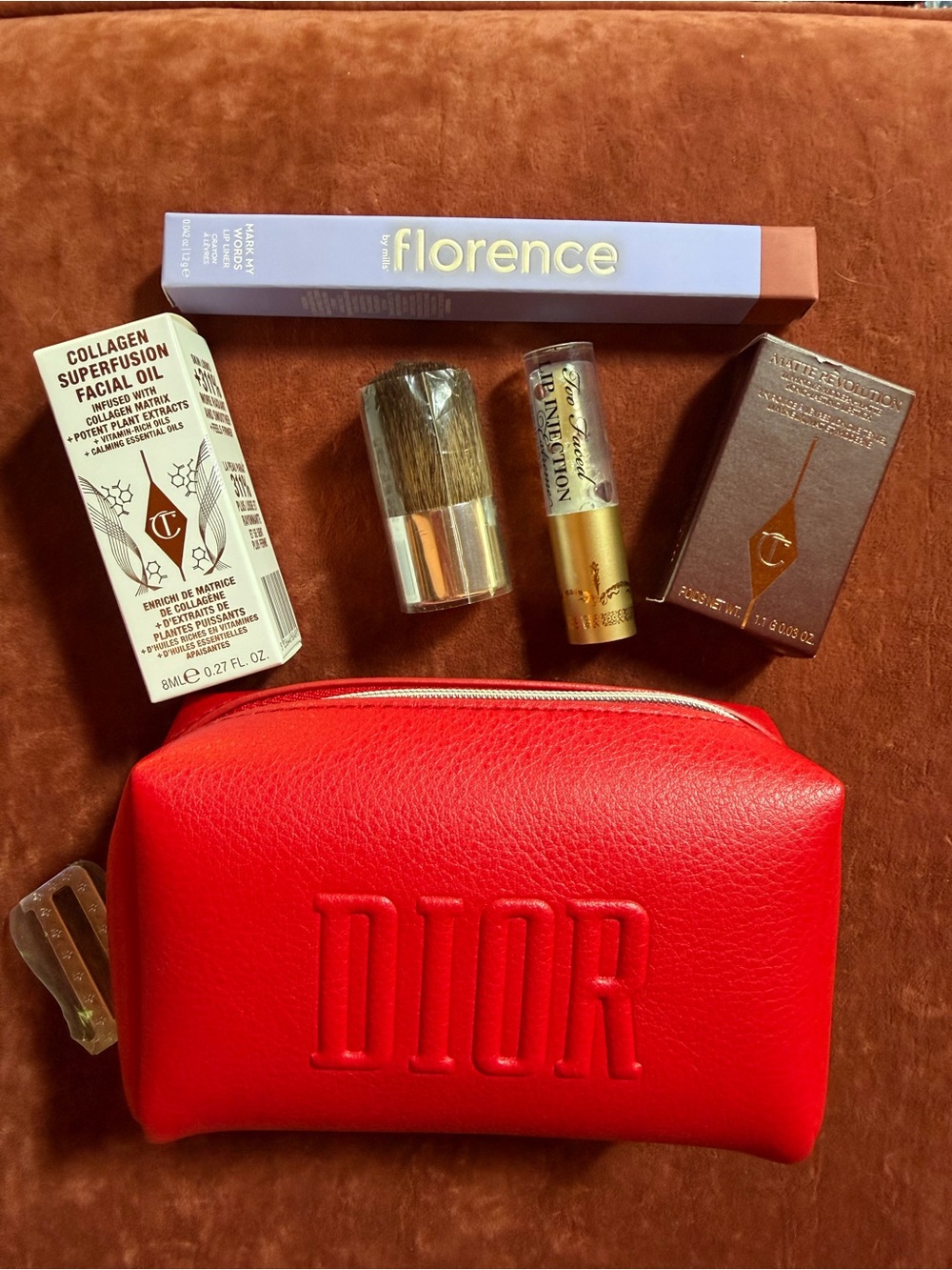 Dior Red Cosmetic Plexi Pouch GWP Bundle FILLED w/ Dior Brush & Skincare